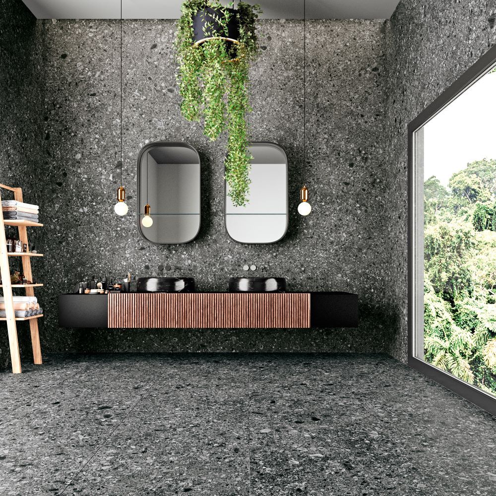 Natuursteenlook tegels: Italgraniti Ceppo di Gre in de badkamer