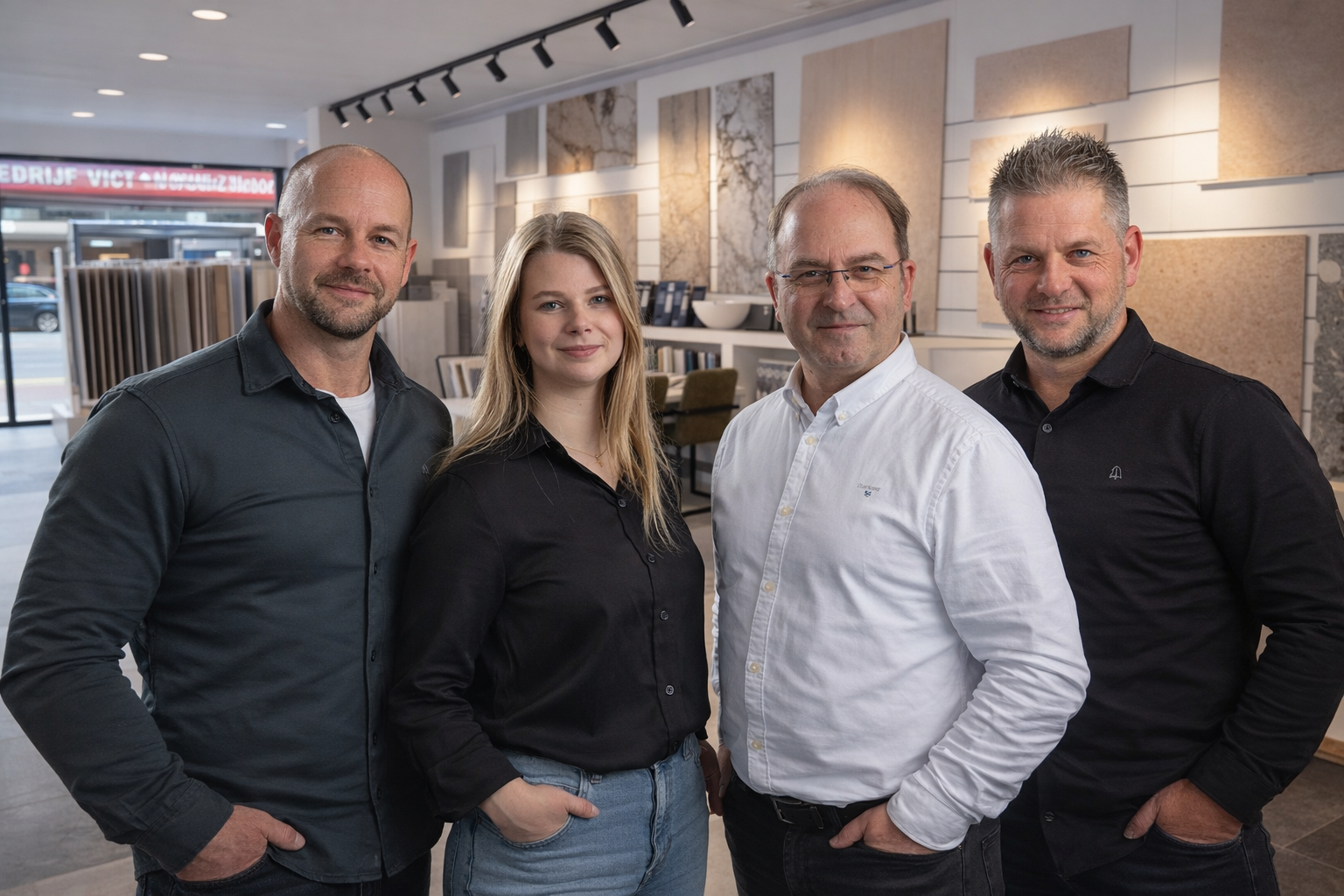 Het team van Dannenberg Tegels & Sanitair in de showroom